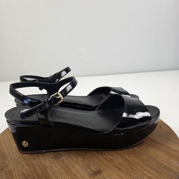 Tory Burch Sandals Womens Size 9 Black Patent Leather Wedge Platform Ankle Strap - Picture 7 of 16